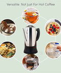 Percolator Coffee Pot Electric Brewer With Cool Touch Handle And Clear Brew Progress Knob 12 Cup No Fuss On Off Switch Keeps Coffee Warm Stainless Steel 360 Degree Swivel Base For Easy Brew View surrounded by various beverages and foods.