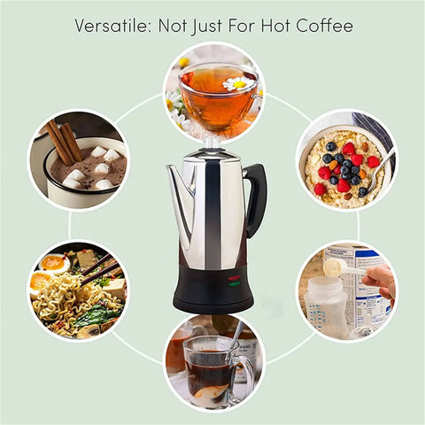 Percolator Coffee Pot Electric Brewer With Cool Touch Handle And Clear Brew Progress Knob 12 Cup No Fuss On Off Switch Keeps Coffee Warm Stainless Steel 360 Degree Swivel Base For Easy Brew View surrounded by various beverages and foods.