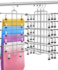 Three Pack Closet Organizers With Six Tier Pants Hangers With Clips For Space Saving Wardrobe Organization, showing skirts hung neatly