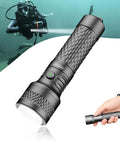 Beast 3000 Lumen Dive Light With 6 Degree Narrow Beam, aluminum body, underwater use, shown in diver's hand and underwater.