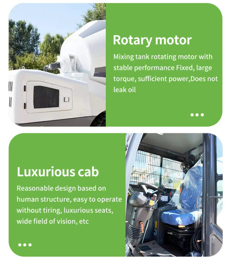 Close-up of Rock Solid Mobile Self Loading Concrete Mixer Truck With Compact Frame and Pro Mixing Tech's rotary motor and luxurious cab.