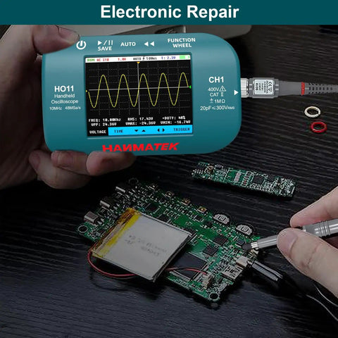 On The Go Handheld Digital Oscilloscope With 10MHz Bandwidth 48MSaS Sampling 2.8 Inch Color Display in use for repair