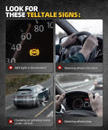 Image showing four warning signs: ABS light on dash, steering wheel vibration, clunking noise under vehicle, steering wheel play.