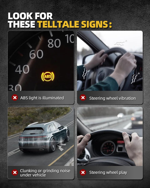 Dashboard showing ABS light, steering wheel vibration, car driving image, and steering wheel play guides for wheel hub issues.