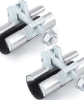 Two stainless steel 1/2-inch pipe repair clamps with single bolts, 3-inch length.