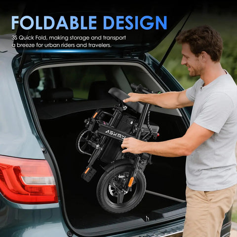 Man placing Foldable Electric Bike For Adults And Teens With 740W Peak Motor 48V 10Ah Removable Battery into car trunk