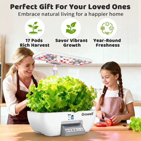 Indoor Hydroponics Growing System Kit With 17 Pod Garden shown on kitchen counter with lettuce, woman, and child preparing food