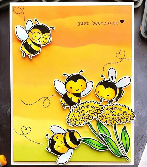 Card with bee motifs using the Stamps and Dies Set for Card Making and Scrapbooking with Clear Rubber Stamps and Metal Cutting Dies.