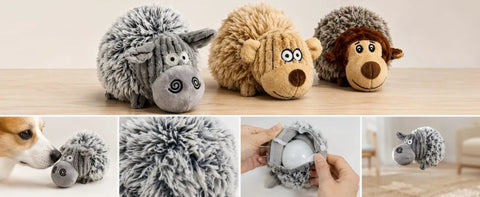 Detachable Rolling Plush Toy For Dogs With Removable Motion Ball Corduroy Stuffed Chase Toy For Doggos on wood surface.