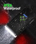 Ultra Bright USB Bike Light Set With Front And Rear Lights 6 Plus 4 Modes Rechargeable Headlight And Taillight Waterproof Ride Safe For Night Rides On City Trails And Family Rides, showing IPX4 waterproof front light under rain.