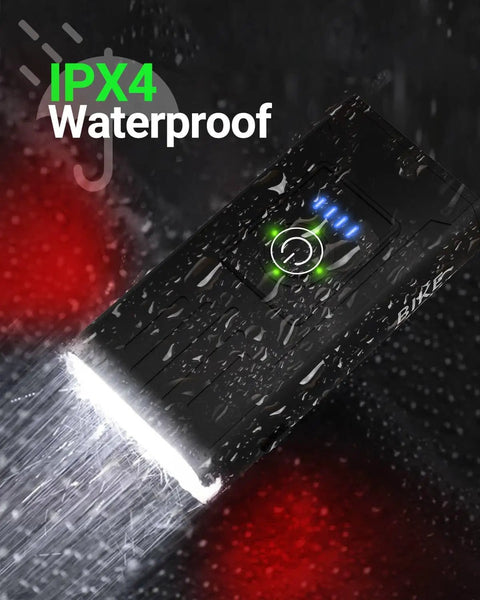 Ultra Bright USB Bike Light Set With Front And Rear Lights 6 Plus 4 Modes Rechargeable Headlight And Taillight Waterproof Ride Safe For Night Rides On City Trails And Family Rides, showing IPX4 waterproof front light under rain.