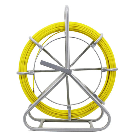 Front view of Fiberglass Duct Rod Fish Tape Puller Kit with 6mm diameter and 450 feet on a beefy steel reel stand for easy wiring