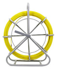 4.5mm 350ft Fiberglass Duct Rodder Fish Tape With Steel Reel Stand, front view of yellow rod and metal stand