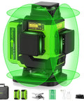 Self Leveling 360 Green Laser Level Kit With 4x 360 Cross Lines, Rechargeable Dual Li Ion Batteries, accessories displayed