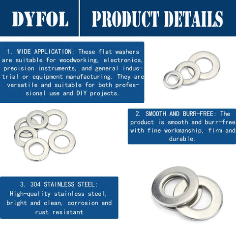 Heavy Duty 304 Stainless Steel Flat Washers Assortment Set showcasing variety of sizes for smooth assembly in garage and home projects.