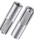 Front and side view of Twenty Pack Premium Stainless Steel Knurled Drop In Anchors For Solid Concrete Three Eighths Inch Sixteen Thread Internal Forced Expansion Screws Built For Quick Secure Mounting And Heavy Duty Fixes