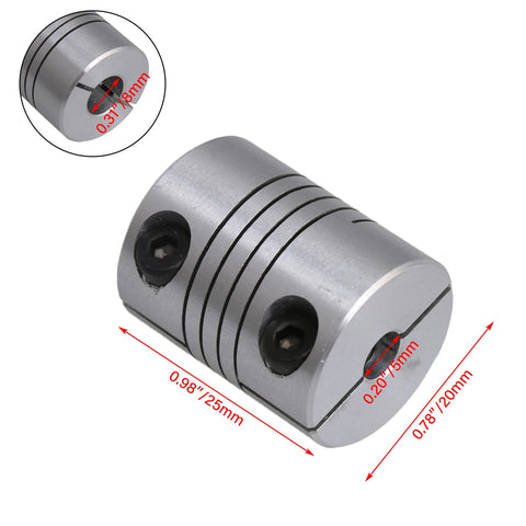 Aluminum stepper motor shaft coupler, 5x8mm bore, flexible with two set-screws, silver.