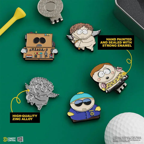 Cartman Golf Ball Marker Four Pack With Magnetic Clips Collectible South Park Golf Gift Set For Golfers enamel markers on green surface