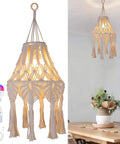 Boho Chic Macrame Pendant Lights With Tassels, Remote Dimmable And Timer, Rechargeable Cordless Hanging Lamp over dining table.