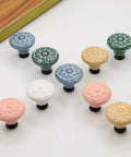 Eight Vintage Ceramic Knobs Set With Screws For Dresser Cabinet Drawer Doors Retro Floral Pulls For Kitchen Furniture White Finish