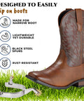 Western boot with Two Pack Horse Spurs Set In Stainless Steel With Gear Copper Rowels, cowboy ready for trail riding accessory.