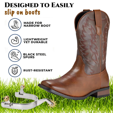 Western boot with Two Pack Horse Spurs Set In Stainless Steel With Gear Copper Rowels, cowboy ready for trail riding accessory.