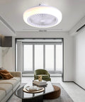 Ceiling Fan RGB 18 Inch Remote Controlled Low Profile Soundless Bladeless mounted in modern living room with ambient lighting.