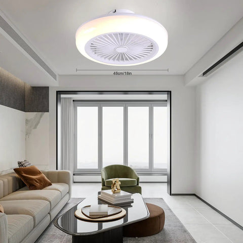 Ceiling Fan RGB 18 Inch Remote Controlled Low Profile Soundless Bladeless mounted in modern living room with ambient lighting.