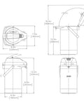 Technical diagram of a 2.5 Liter Lever Action Stainless Steel Airpot Coffee Carafe For Hot Beverages Durable Thermal Server