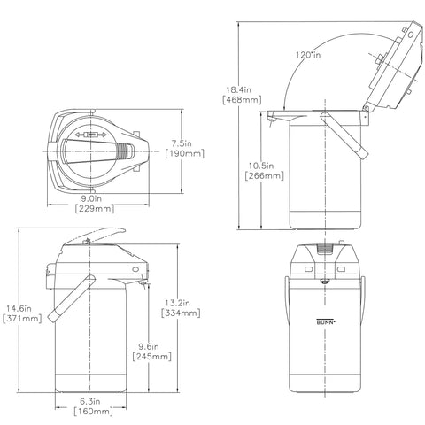 Technical diagram of a 2.5 Liter Lever Action Stainless Steel Airpot Coffee Carafe For Hot Beverages Durable Thermal Server