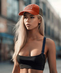 Humorous Saffron Trucker Hat For Men And Women, Lightweight and breathable, worn by a woman outdoors, one size fits most