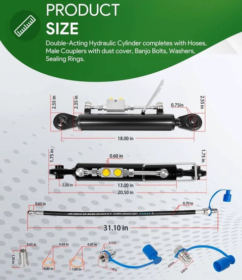 Heavy Duty Hydraulic Top Link Kit For Category One Tractors And Implements With measurements, coupling parts, and hoses shown