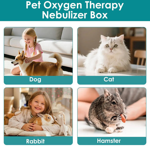 Must Have Pet Nebulizer Box for Dogs and Cats shown with dog, cat, rabbit, and hamster in therapy setting