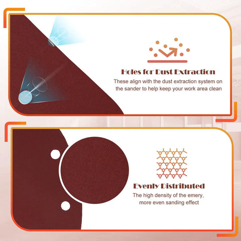 400 Grit Mouse Sander Sandpaper Pack Of 20 For Detail And Palm Sanders With Five Hole Hook And Loop Sheets showing dust extraction holes and emery distribution diagram.