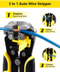 Three In One Wire Stripper Cutter And Crimper Kit With Auto Self Adjusting Mechanism in action, stripping blue wire