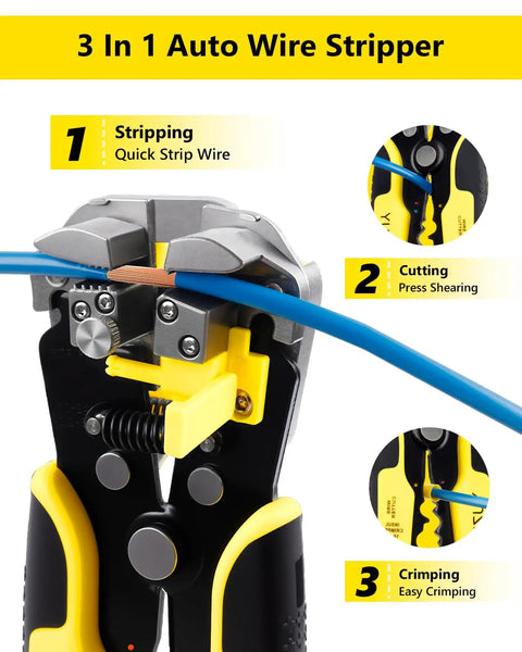 Three In One Wire Stripper Cutter And Crimper Kit With Auto Self Adjusting Mechanism in action, stripping blue wire