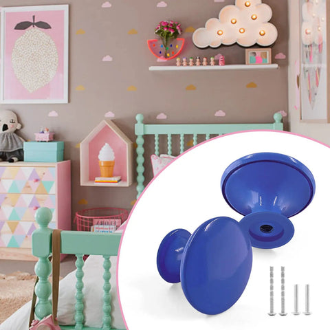 Fresh Royal Blue Metal Round Drawer Knobs 10 Pack For Kitchen Cabinets And Bedroom Dressers, shown in a colorful kids' room.