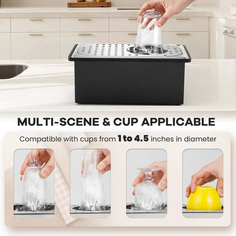 Smooth Operator Pitcher Rinser With 360 Degree Rotating Nozzle For Spotless Mugs And Glasses in use with various cup sizes.