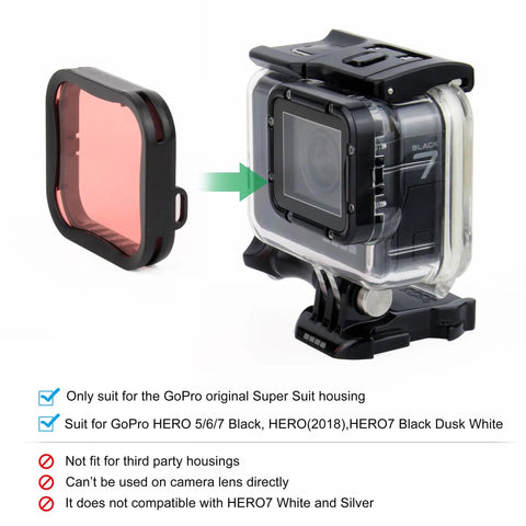 3 Pack Dive Filter Set For GoPro Hero 5 6 7 Black Super Suit Housing with a red filter and camera housing