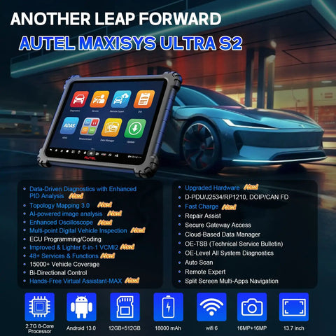 Killer Performance Professional Vehicle Diagnostic Scanner Tablet With Six In One VCMI2 Cable on display with icons and advanced features.
