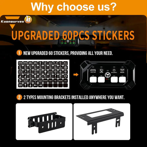 8 Gang Toggle Momentary Pulsed Switch Panel with Wireless LED Touch Control Box, stickers, and mounting brackets shown