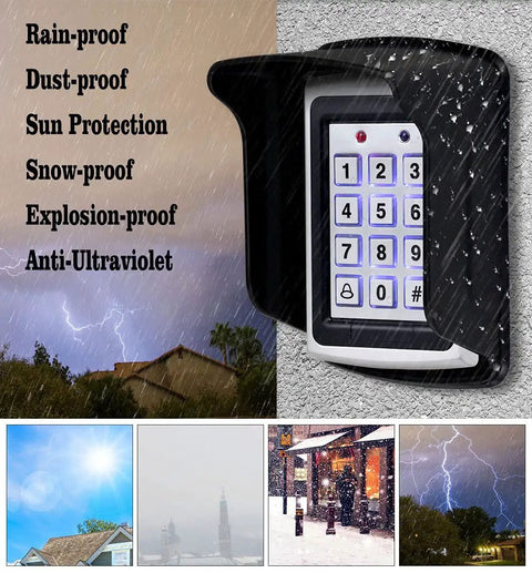 All Weather Rainproof Cover For RFID Keypad Readers And Doorbells, black ABS shield with rain, houses and storms in background