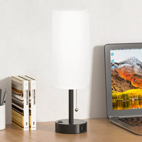 Bedroom Lamps Set of 2 With USB C and USB A Ports, 3 Color Modes 2700K to 5000K Nightstand Lamps shown on desk with books and laptop