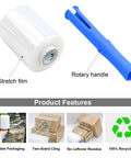 Image of Mini Clear Stretch Wrap Film 5 Inch By 1000 Feet 4 Pack With Easy Grip Handle 80 Gauge displaying film and handle.