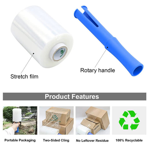 Image of Mini Clear Stretch Wrap Film 5 Inch By 1000 Feet 4 Pack With Easy Grip Handle 80 Gauge displaying film and handle.
