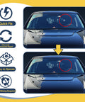 Windshield Chip Repair Kit with Fast Curing Resin for Quick Fix of Star Shaped and Bull Eye Cracks on Car Windows No Mixing Required Upgraded Injection Head and Vacuum Design Delivers Durable Glass Repair In Minutes shown fixing car windshield crack before and after in comparison image.