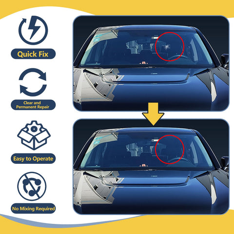 Windshield Chip Repair Kit with Fast Curing Resin for Quick Fix of Star Shaped and Bull Eye Cracks on Car Windows No Mixing Required Upgraded Injection Head and Vacuum Design Delivers Durable Glass Repair In Minutes shown fixing car windshield crack before and after in comparison image.