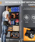 Person organizing tools in Heavy Duty Rolling Metal Garage Cabinet With Lock, 2 doors, 4 shelves, 75-inch tall, black gray.