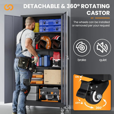 Person organizing tools in Heavy Duty Rolling Metal Garage Cabinet With Lock, 2 doors, 4 shelves, 75-inch tall, black gray.