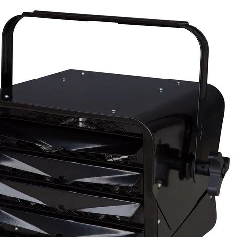Close-up of Rugged Heavy Duty 240 Volt Hardwired Commercial Shop And Garage Heater Cranking 3000 To 6000 Watts showing handle and vents.